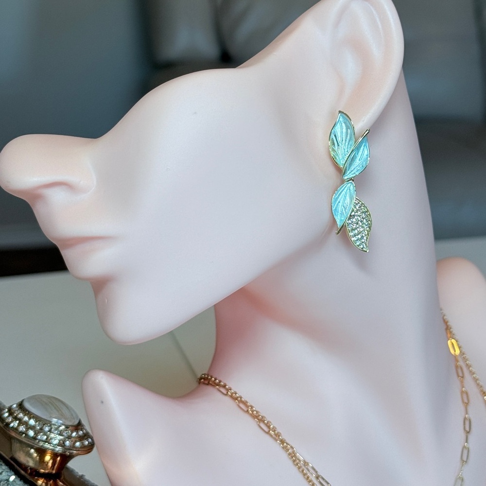 Gold Aqua Leaf Drop Earrings with Crystals - Picture 3 of 10